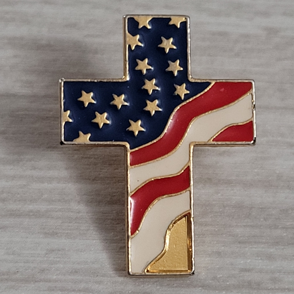 American Flag Cross Gold-tone Enamel Pin Vintage Americana